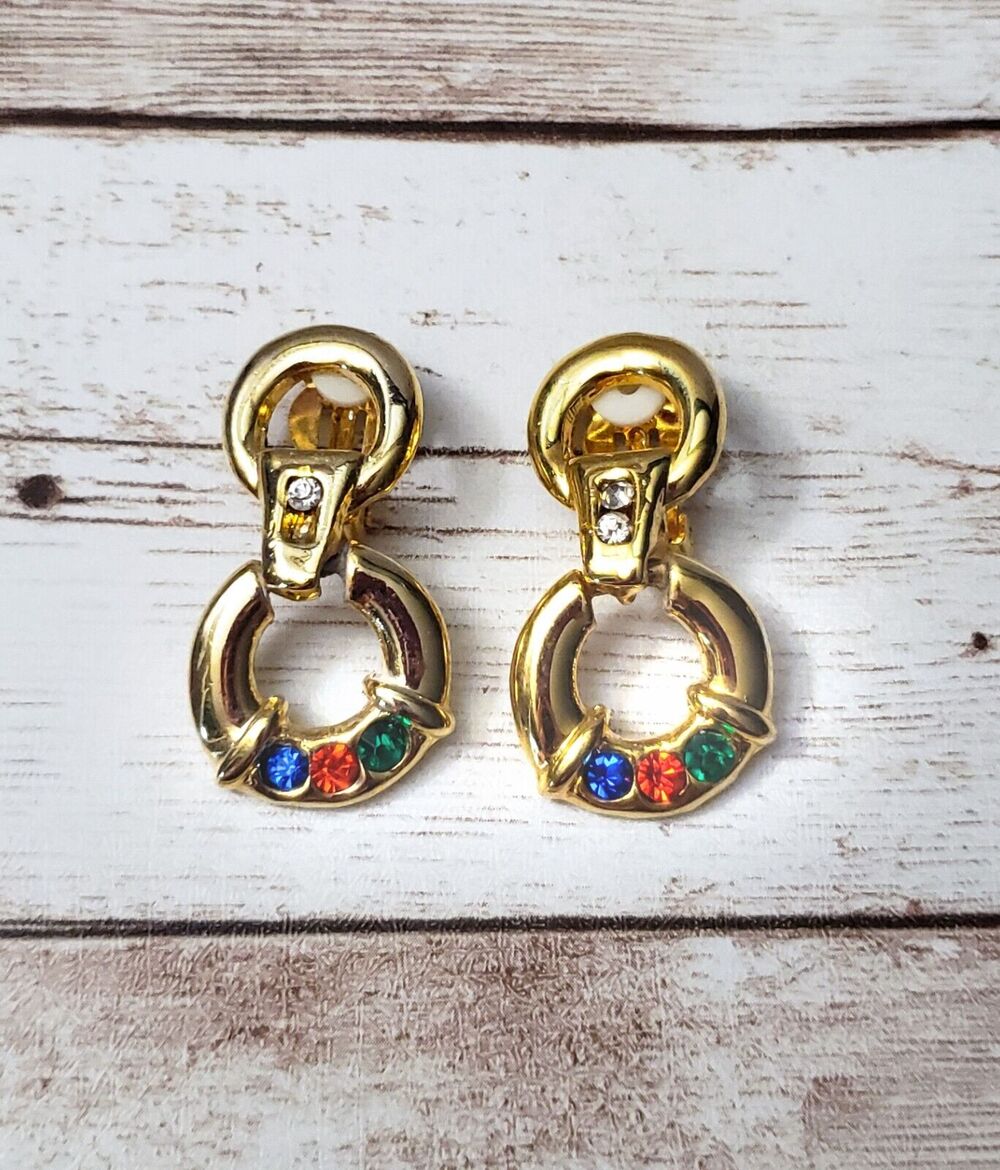 Vintage Clip On Earrings - Gold Tone with Red, Blue, Green - One Missing Gem